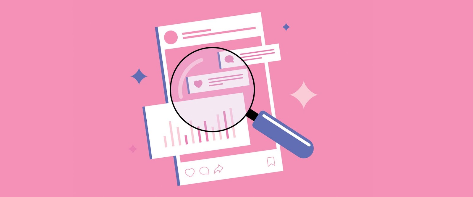 An illustration of a magnifying glass examining social media for safety